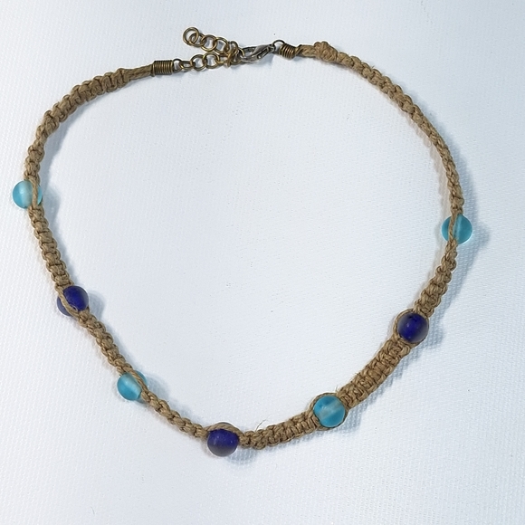 Woven Hemp Recycled Blue Glass Bead Unisex Necklace - Picture 3 of 8